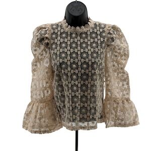 NWT Mele E Pere Blouse Women S Lace Puff Sleeve Mock Neck Floral Sheer Zip Back